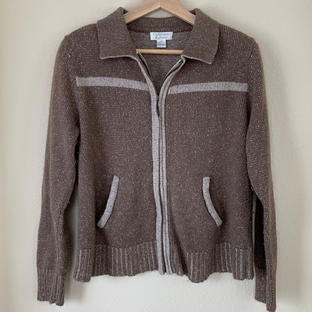 Brown cardigan Sweater Vintage silk angora brown zip up ribbed knit fall medium